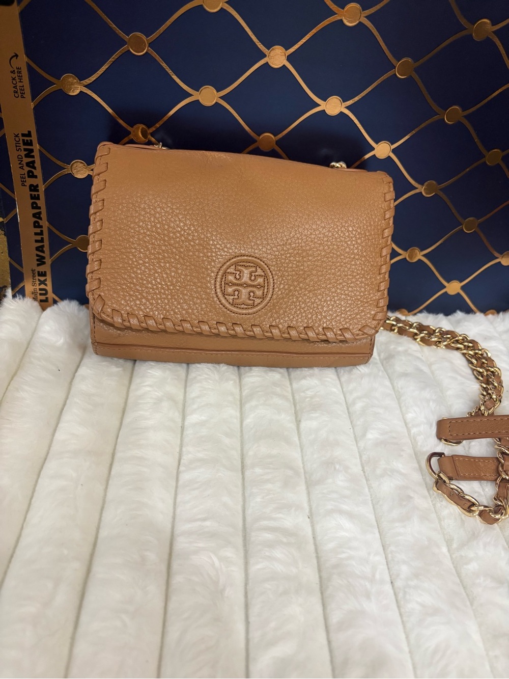 Tory Burch Tan Whipstitch Pebbled Leather Chain Crossbody